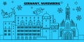 Germany, Nuremberg winter holidays skyline. Merry Christmas, Happy New Year decorated banner with Santa Claus.Germany