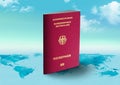 Germany Passport on world map with clouds in background