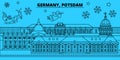 Germany, Potsdam winter holidays skyline. Merry Christmas, Happy New Year decorated banner with Santa Claus.Germany