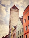 Germany Regensburg Altstadt Tower along Rhine river and Danube river