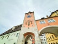 Germany Regensburg Altstadt Tower along Rhine river and Danube river