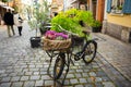 Germany, Rothenburg, fairy tale town, old streets, businesses, bicycles, flower baskets