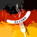 Germany Sausage. Germany banger. Sausage on a fork. Traditional delicacy in color of flag.