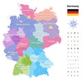 Germany vector map colored by states and administrative districts with subdivisions.