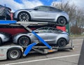 Germany - 03.14.2023: Transportation of Tesla cars by truck