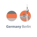 Berlin symbol, Brandenburg gate and tower, Germany travel destination, famous landmark, tourism concept, round flag Royalty Free Stock Photo