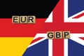 Germany and United Kingdom currencies codes on national flags background