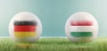 Germany vs Hungary football match infographic template for Euro 2024 matchday scoreline announcement. Two soccer balls with Royalty Free Stock Photo