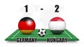 Germany vs Hungary . Soccer ball with national flag pattern on perspective football field . Dotted world map background . Football Royalty Free Stock Photo