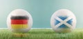 Germany vs Scotland football match infographic template for Euro 2024 matchday scoreline announcement. Two soccer balls with Royalty Free Stock Photo