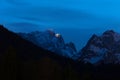 Germanys highest mountain zugspitze with the zugspitze building station in the evening Royalty Free Stock Photo