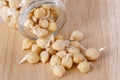 Germinated chickpeas in a glass jar on the wooden background