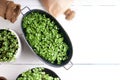 Germinated micro greens in pots on a stem background Top view Copy space