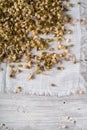 Germinated mung beans on a napkin on the left