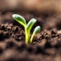 Germinating green plant on earth, blurred background.