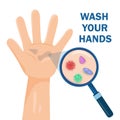 Germs on a dirty hand. Bacteria under magnifier, hand washing and hygiene campaign poster on white background Royalty Free Stock Photo