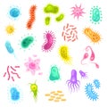 Germs set. Colorful flu virus cells biological microbes amoeba epidemiology bacteria disease germ flu cell science set Royalty Free Stock Photo