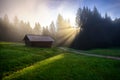 Geroldsee forest during summer day with foggy sunrise over trees, Bavarian Alps, Bavaria, Germany. Royalty Free Stock Photo