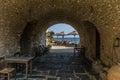 Picturesque stoa which leads into the beach in Gerolimanas village in Mani Greece