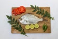 Gerres Fish (Gerres Filamentosus)   Whipfin silver biddy Fish   Decorated with curry Leaves and Tomato on a Wooden pad. Royalty Free Stock Photo