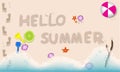 Hello summer greeting banner vector on sandy beach from the high angle view