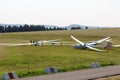 Gliders sailplanes ready for takeoff on Wasserkuppe airfield in RhÃ¶n Mountains