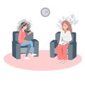 Gestalt psychotherapy session vector illustration. Woman psychologist and talking woman patient. Work with feelings and