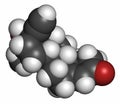 Gestodene progestogen hormonal contraceptive drug molecule. Atoms are represented as spheres with conventional color coding:
