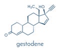 Gestodene progestogen hormonal contraceptive drug molecule. Skeletal formula.