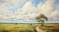 Gestural Landscape Oil Painting With Winding Path And Cumulus Clouds