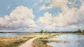 Serene Dutch Landscape Painting With Path And Clouds