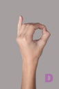 Gesture alphabet. Letter D on grey background Royalty Free Stock Photo
