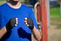 Gesture of a boy or teenager ready for battle fight