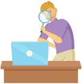 Gesture that boys see magnifying glass. Cunning guy holding loupe looking for something in laptop Royalty Free Stock Photo