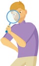 Gesture that boys see magnifying glass. Cunning guy holding loupe, planned something amiss Royalty Free Stock Photo