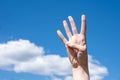 Gesture closeup of a woman`s hand showing four fingers, sign language symbol number four