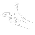 Gesture in the form of the index and middle finger pointing up. Black and white drawing of a hand. Hand making shooting