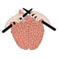 Gesture by hands knitting pink human brains. Concept of mind and memory. Design suitable for decoration