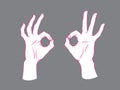 Gesture. Okey sign. Two female hands with index and thumb making circle, other fingers up.