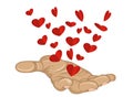 Gesture open palms. From stacked hands fly red heart. Vector