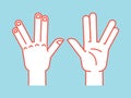 Gesture. Spock sign. Vulcan greet. Stylized hand for geek hand game. Icon. Vector illustration on a blue background