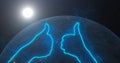 Gesture thumbs up, like. Neon blue glowing outlines of hands show a symbol of approval against the backdrop of space