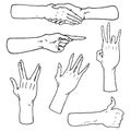 Gestures arms stop, palm, thumbs up, finger pointer, ok, like and pray or handshake, fist and peace or rock n roll