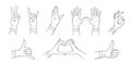 Gestures and habd signs. Sketch set with hands. Outline vector illustration