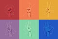 Gestures and signs with human hands, finger counting on the background of geometric shapes, color vector illustration