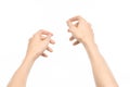 Gestures topic: human hand gestures showing first-person view isolated on white background in studio