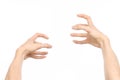 Gestures topic: human hand gestures showing first-person view isolated on white background in studio Royalty Free Stock Photo