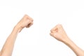 Gestures topic: human hand gestures showing first-person view isolated on white background in studio