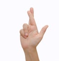 A gesturing good luck symbol fingers crossed human hand