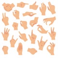 Gesturing hands. Hand with counting gestures, forefinger sign. Open arm showing signal, interactive communication vector